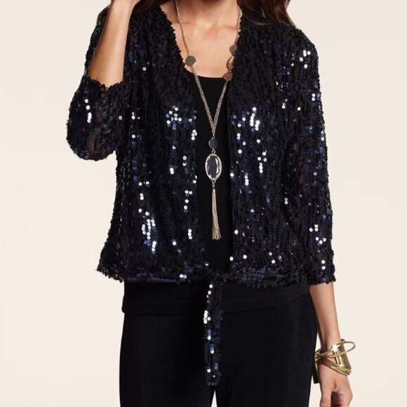 Chico’s Travelers Collection Sequin Ginger Jacket Navy Size 0 Women's Small - Picture 1 of 3